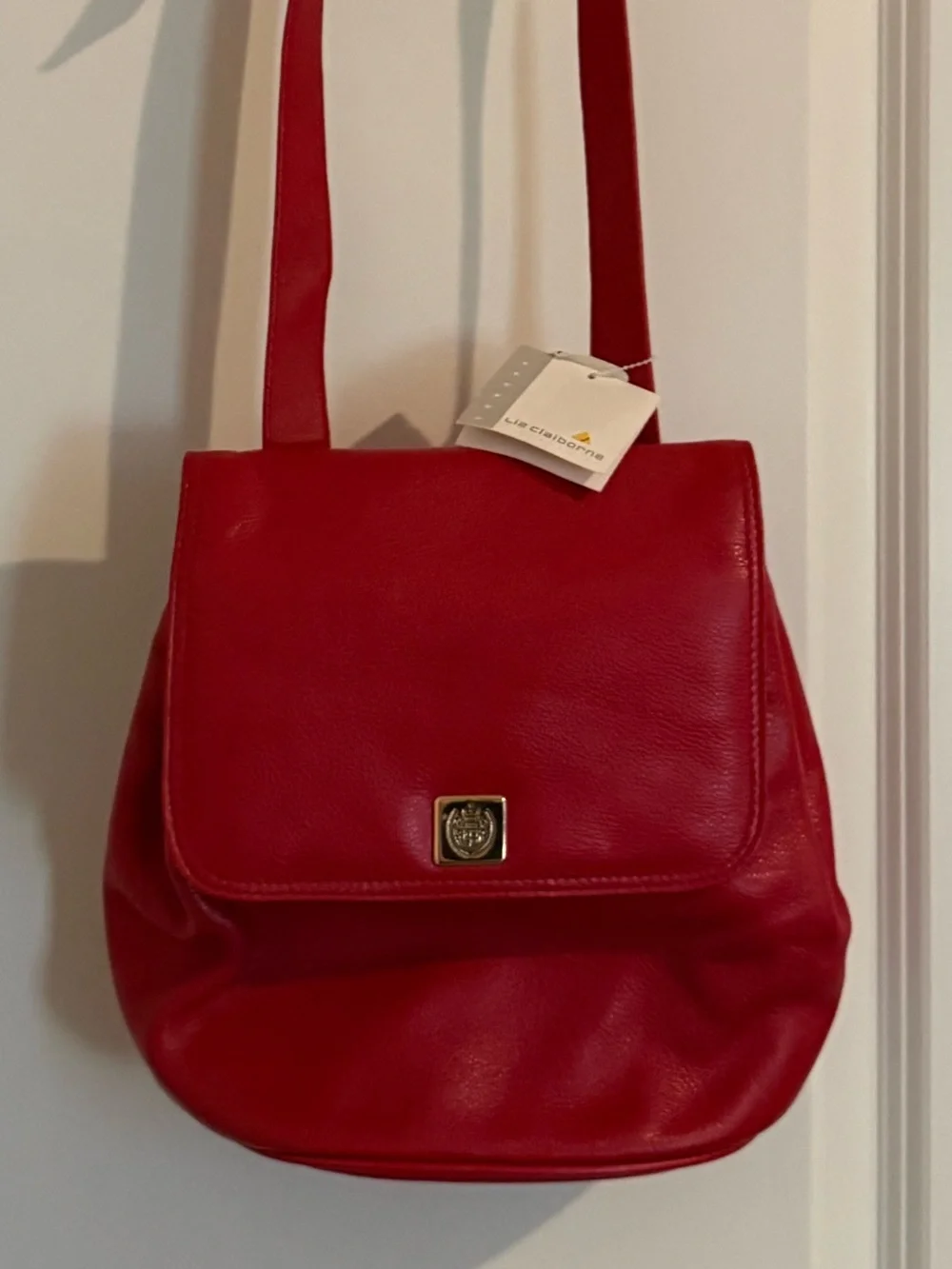Liz Claiborne Red Leather Shoulder Bag with Gold-Tone Emblem